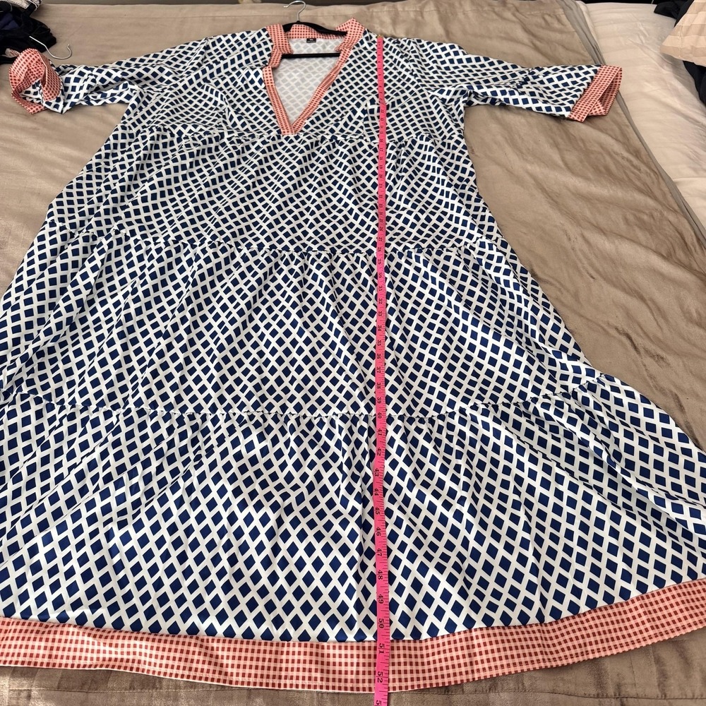 Shein Dress Womens 4XL Blue Geometric Kaftan Maxi V Neck 3/4 Bell Sleeve Boho - Picture 9 of 9